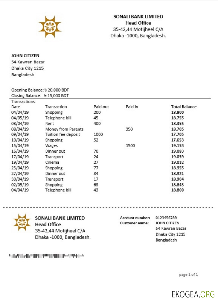 Relevé de la Sonali Bank du Bangladesh